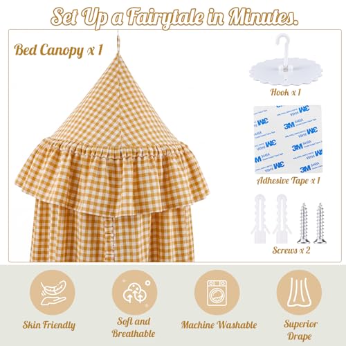 Yellow Gingham Plaid Bed Canopy with Ruffles - Soft Vintage Hanging Tent