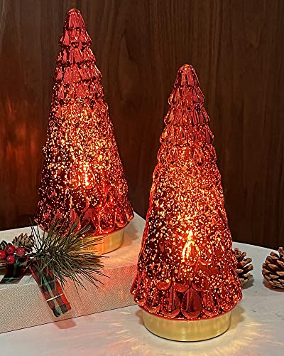 Red Mercury Glass Christmas Tree Set of 2 - 10 Inch Tabletop Xmas Decor with Lights - Battery Operated