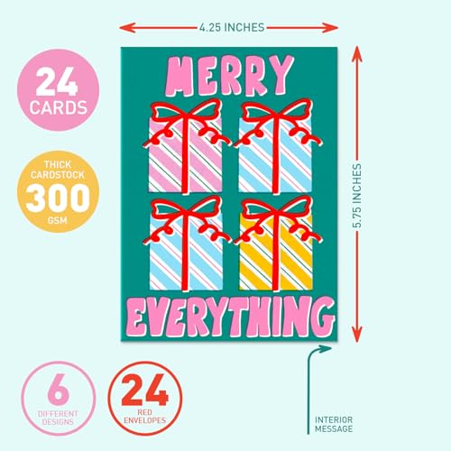 Neon Christmas Cards Set of 24 with Envelopes - Bright Holiday Greeting Cards