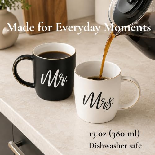 Couples Coffee Mugs Set - Mr. & Mrs. 13oz Ceramic Gift Box with Gold Details