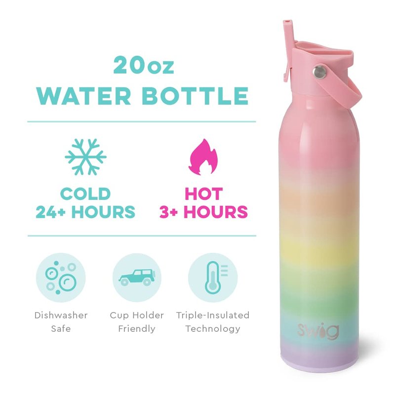 Swig Life 20oz Insulated Water Bottle, Travel Water Bottle with Straw and Lid, Cup Holder Friendly, Stainless Steel (Over the Rainbow)