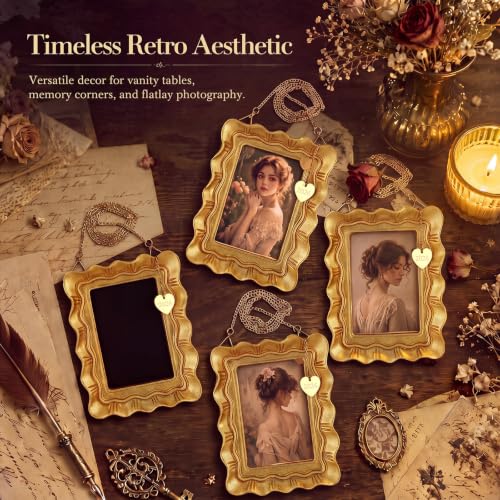 Gold Vintage Christmas Picture Frame Ornaments, 4-Pack 2x3 in - Resin