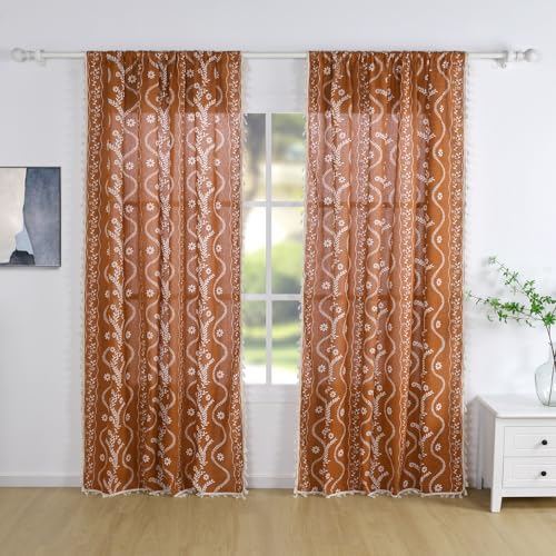 Floral Rust Orange Linen Curtains 96" Length - 2 Panels