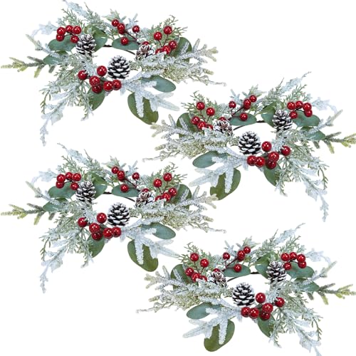 4-Pack Artificial Eucalyptus & Snowy Cedar Christmas Candle Rings