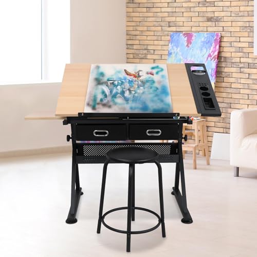 Adjustable Drafting Table with Stool and 2 Drawers, Tilting Art Desk