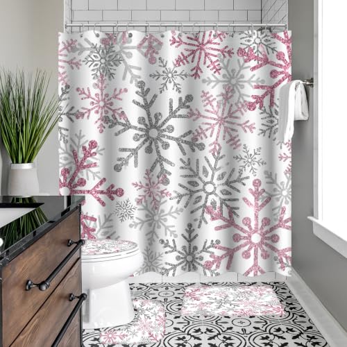 Yilinata Snowflake Pink Shower Curtain Set 4 Pcs Christmas Bathroom Decor