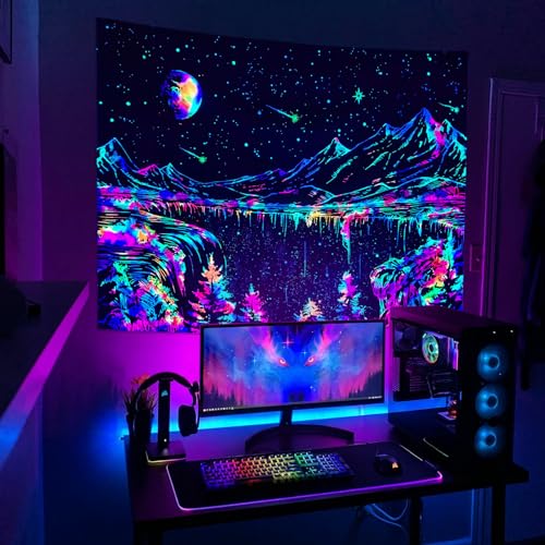 Blacklight Mountain Tapestry Glow in the Dark Moon Stars Wall Hanging (48" x 36")