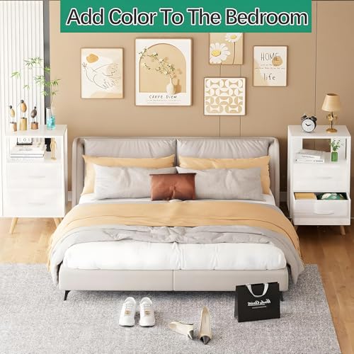 3-Tier Modern Nightstand with Fabric Drawers, White Wooden Side Table