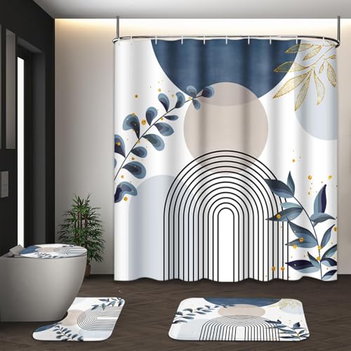 4-Piece Boho Leaf Bathroom Set with Shower Curtain, Bath Mat and Rugs