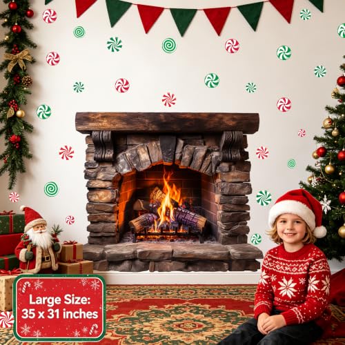 Brown Large Fireplace Wall Decal - 3D Christmas Mantel Stickers Peel & Stick