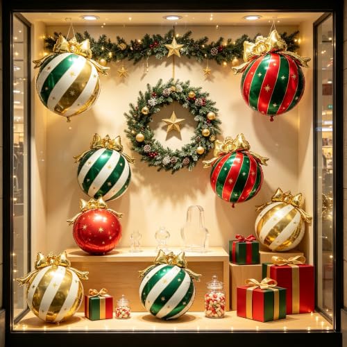 Christmas Bauble Balloon Set 6Pk – Red Green White & Gold Striped 28x31" Aluminum Foil Decor