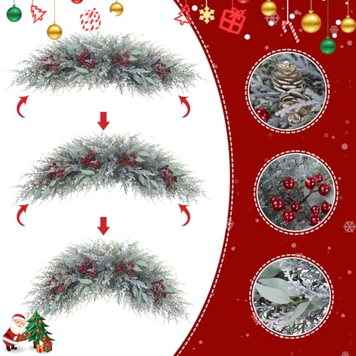 U'Artlines 2-Pack 27.5 Inch Frost White Christmas Swag with Red Berries & Pine Cones - Front Door Decor