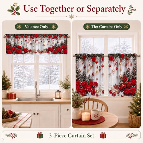 ZORKET Xmas Poinsettia 36W x 55L 3-Piece Kitchen Curtain Set with Valance (Over Sink) - Holiday Window Decor