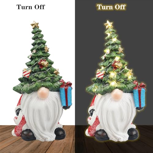 11-Inch Lighted Christmas Tree Gnome Figurine - LED Resin Holiday Table Decor