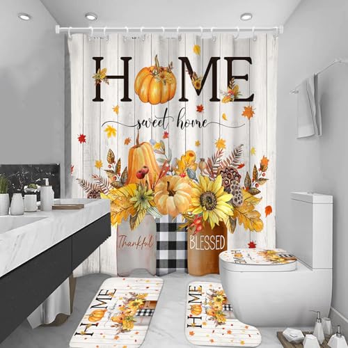 Fall Shower Curtain Set with Rugs - Autumn Pumpkin Maple Leaves Decor