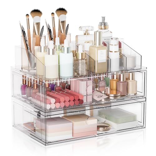 Aurblozen 3 Pack Clear Stackable Makeup Organizer with Drawers, 12"W Acrylic Storage