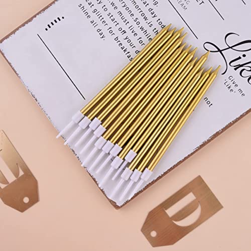 PHD CAKE Gold Long Thin Metallic Birthday Candles with Holders, 24 Pack