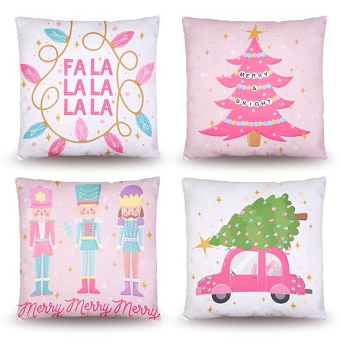 Pink Christmas Pillow Covers 18x18 inches - Set of 4 Holiday Decor