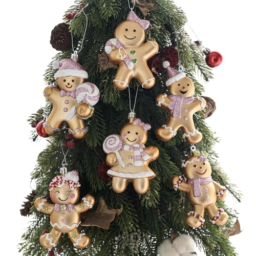 Gingerbread Man Ornaments 6-Pack 5in Pink Variation for Christmas Tree – Assorted Gingerbread Figurines