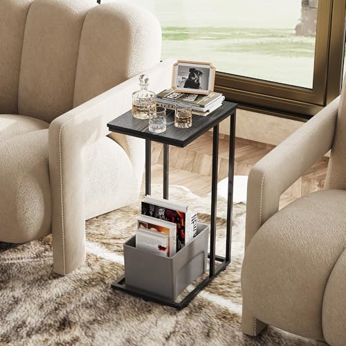 C-Shaped 2-Tier End Table for Sofa and Bedside, Black Metal TV Tray