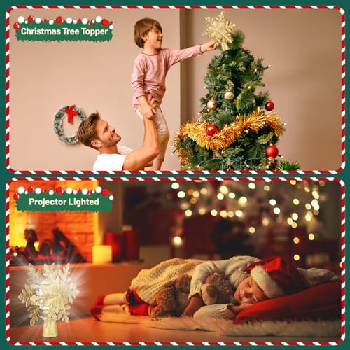 PliMook Lighted Snowflake Christmas Tree Topper with 6 Projection Slides, Rotating LED 3D Decor