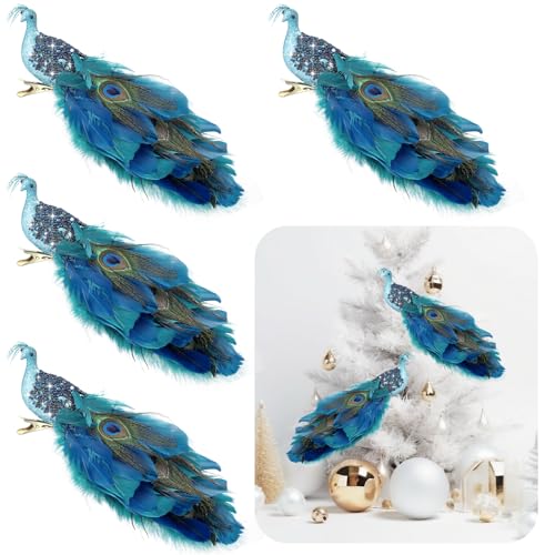 4 Pack Peacock Christmas Tree Ornaments with Feathers - Holiday Decorations