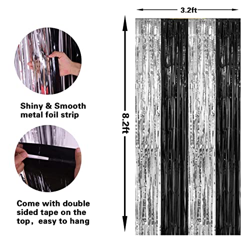 Black and Silver Foil Fringe Curtains (2 Pack, 3.2 x 8.2 ft) Photo Backdrop