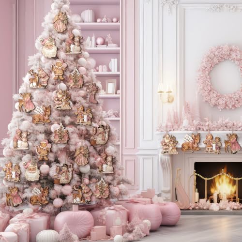 Huwena 36Pcs Pink Christmas Tree Ornaments - Vintage Snowman, Angel, Gingerbread & Santa
