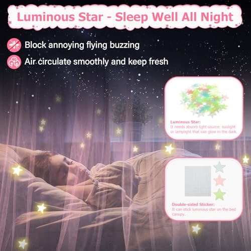 Twin Size Bed Canopy Curtains with Fairy Lights & Glow Stars - Pink