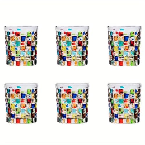 Hand-Painted Colorful Glass Tumblers, Set of 6 Textured Drinking Glasses