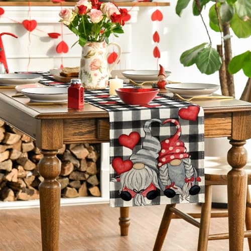 Artoid Mode Hearts Gnomes Valentine's Table Runner 13x72 Inch Black Home Decor