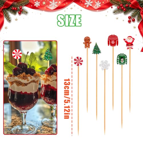 Jouaeo 100Pcs Christmas Cocktail Picks 7 Styles Bamboo Toothpicks for Appetizers & Cocktails