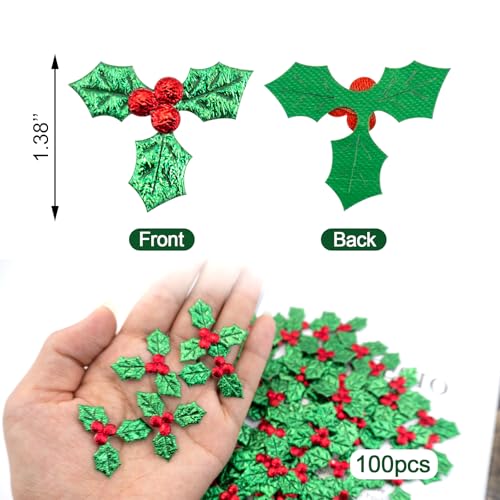 100PCS Artificial Holly Leaves with Berries for Christmas Decor