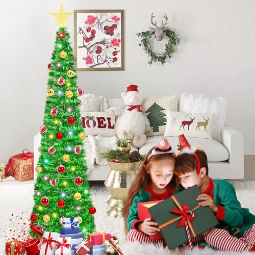 HISFFOG 5ft Prelit Green Tinsel Artificial Christmas Tree with 8 Light Modes & Remote