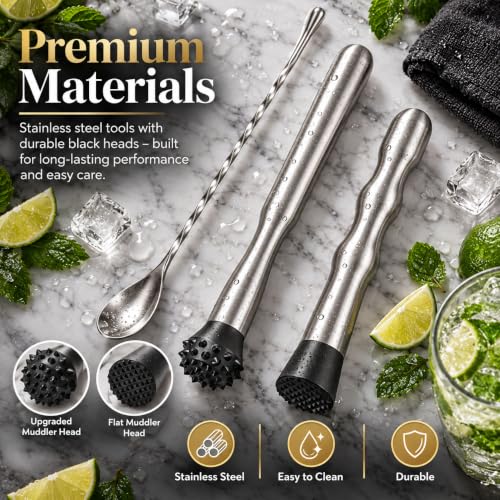 LEGERM Cocktail Muddler Set Short & Long Handle - 3 Piece Mojito Bar Tools