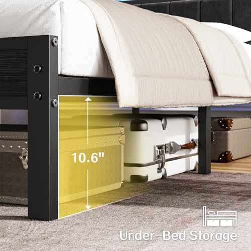 OLEVS King Bed Frame with Charging Station & RGB LED Lights - Black, Modern Platform Bed