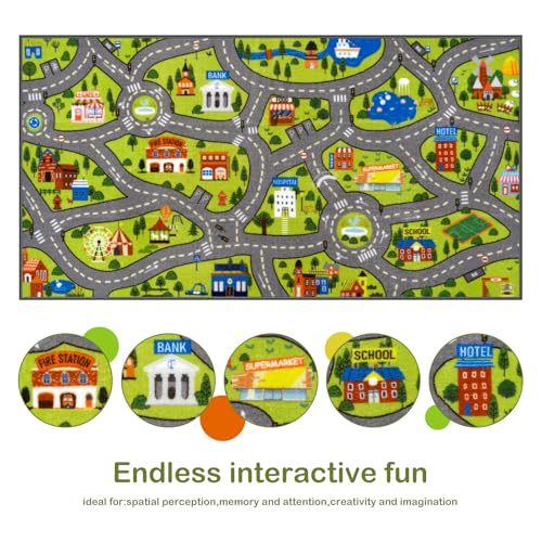 Kids City Road Play Rug - 60x32 Inch Washable Non-Slip Race Track Carpet