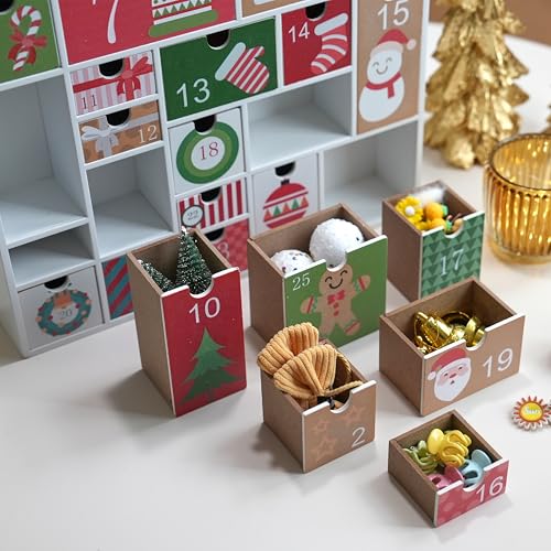 FESTGLOX Wooden Refillable Advent Calendar - 25 Drawer DIY Holiday Calendar for Kids