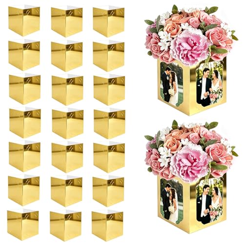 Gold 24-Piece Photo Centerpieces for Tables - Foldable 4-Sided Cardstock Boxes (4x6/5x7) with Hollow Center for Flowers - KANAZAY
