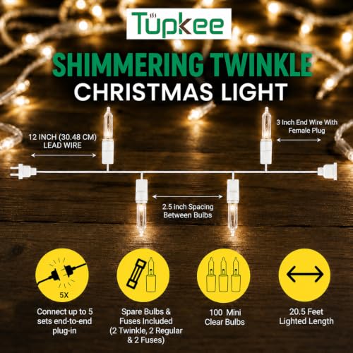 Tupkee 100 Clear Twinkle Lights, 20.5 ft, White Wire, End-to-End 5 Sets