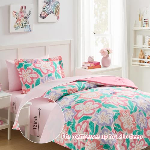 Full Size Glow in the Dark Comforter Set for Kids Floral 76x86" - 5 Piece Bedding