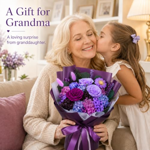 Preserved Purple Rose Bouquet in Vase, Eternal Real Flowers Gift for Her