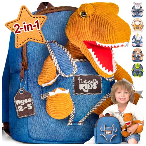 Naturally KIDS Toddler Backpack with Plush Dinosaur Toy - Small Dinosaur Variant for Ages 2-5