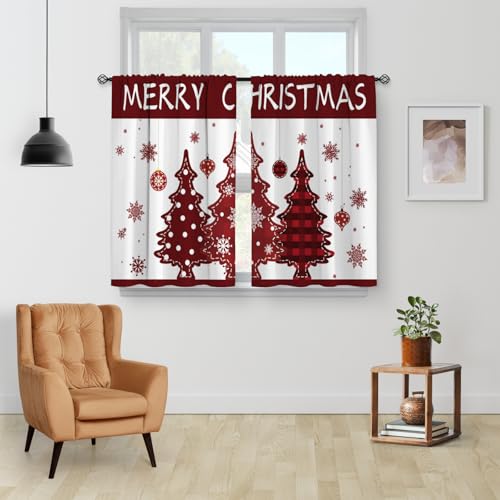 Christmas Tree Kitchen Curtains - Xmas Merry Christmas Winter Holiday Pattern Cafe Small Short Tier Window Curtains for Living Dining Room Decor Rod Pocket Window Drapes 36 Inch Length Set 28"x36"