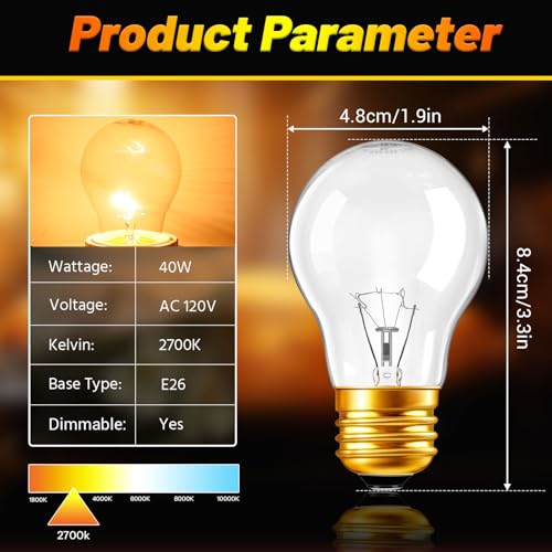 A15 Oven Light Bulb 40W E26 Base, Heat Resistant Appliance Bulb