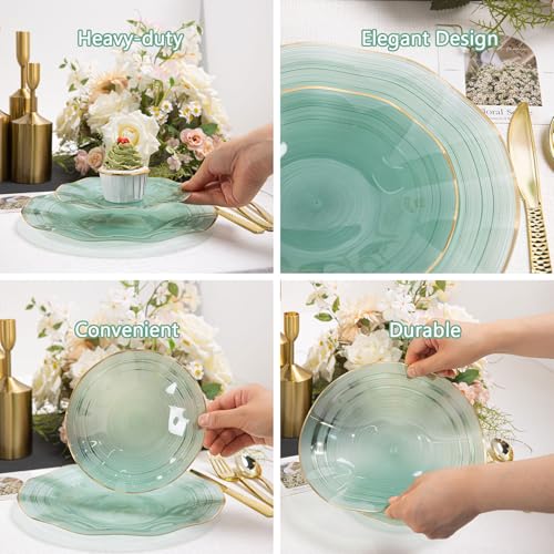 Fabulous Party 100PCS Green Plastic Plates with Gold Rim - Green Wave Variation