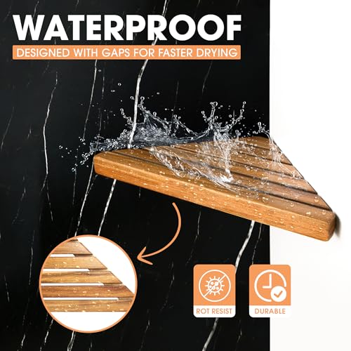 Wooden Corner Shower Shelf Set - Adhesive No-Drill Bathroom Storage