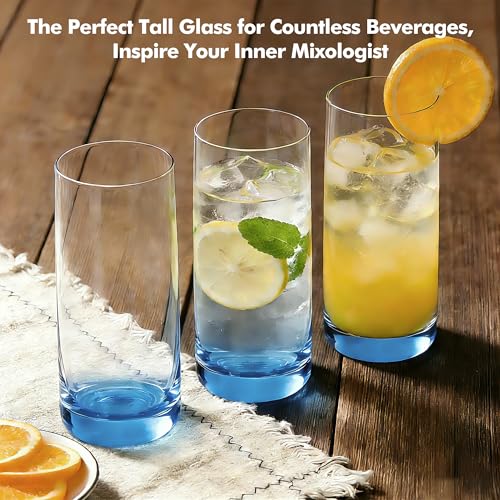 GLAZZVIA Blue Highball Glasses Set of 6 - Lead-Free Crystal Cocktail Drinking Glasses