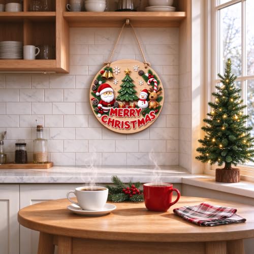 RHUISHU Round Christmas Wooden Welcome Door Sign Holiday Decor for Front Porch