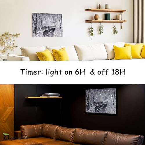 DEMAGNNIE 28x20 Inch Lighted Winter Wall Art - Framed Snowy Landscape with Timer, Battery Operated Christmas Decoration